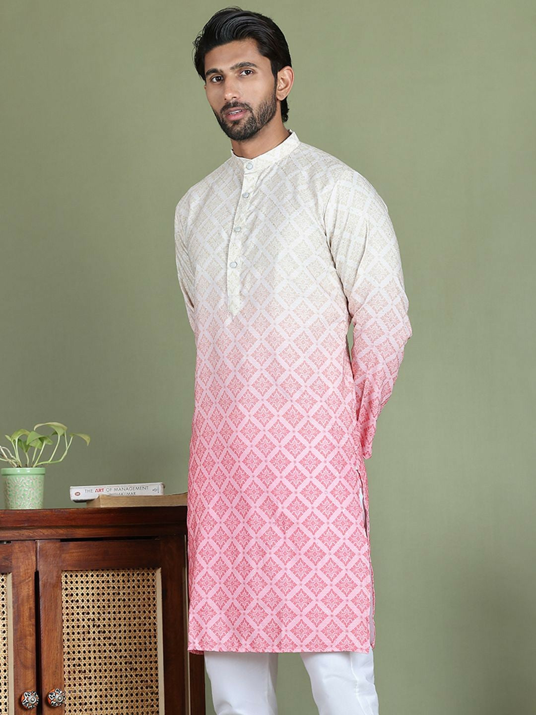 Men’s Peach Ethnic Motif Kurta – Sequinned with Mandarin Collar