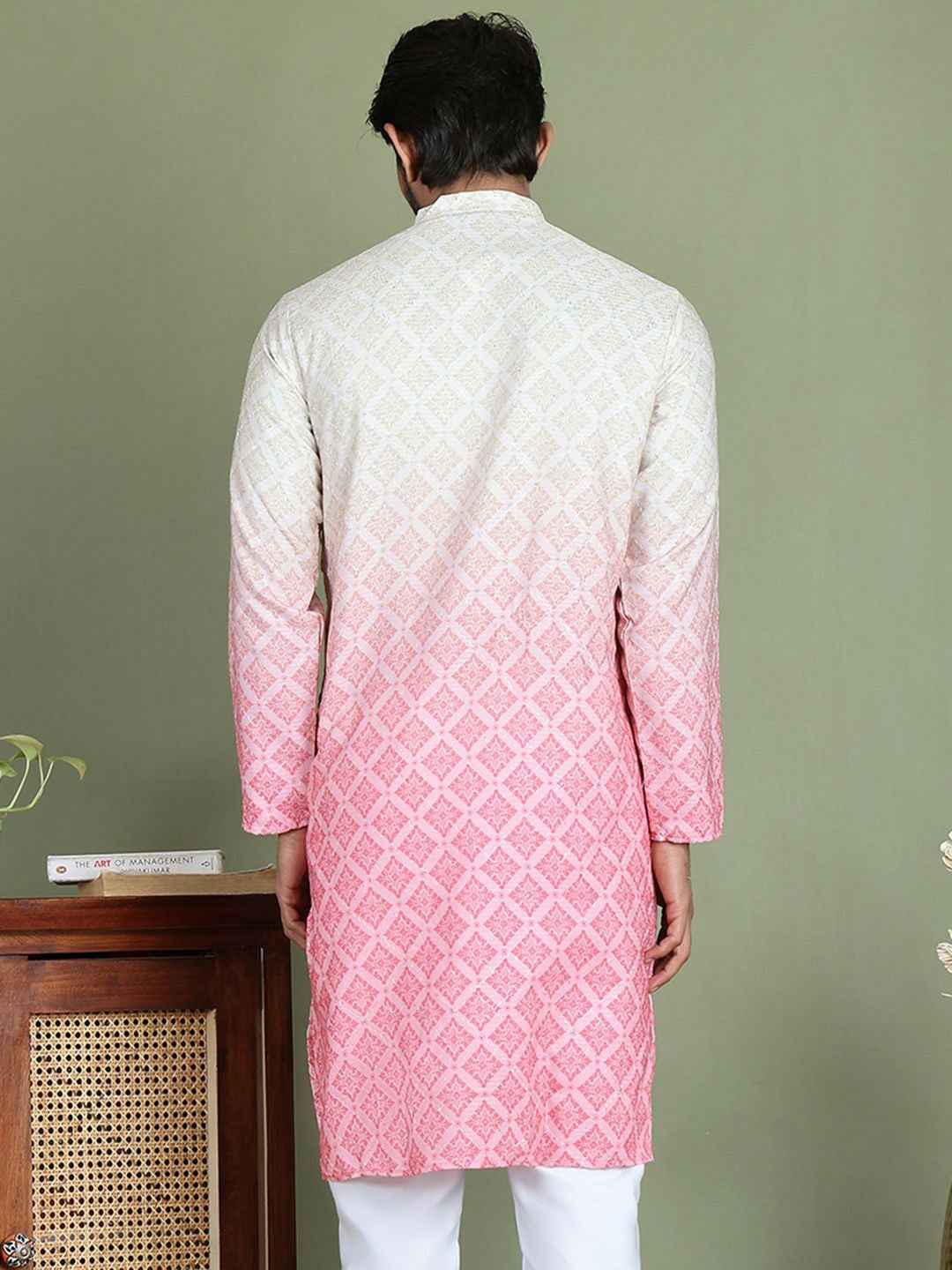 Men’s Peach Ethnic Motif Kurta – Sequinned with Mandarin Collar