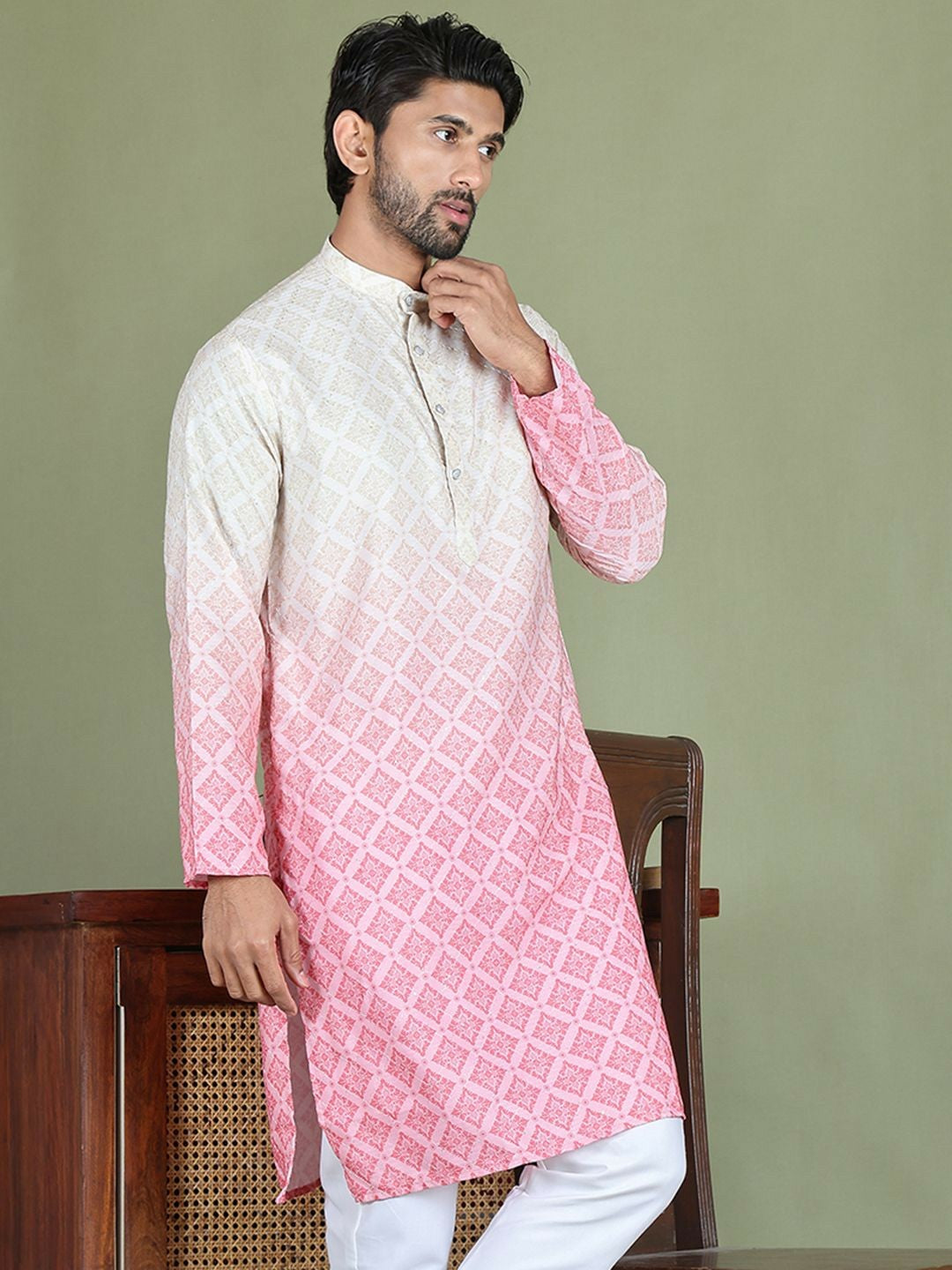 Men’s Peach Ethnic Motif Kurta – Sequinned with Mandarin Collar