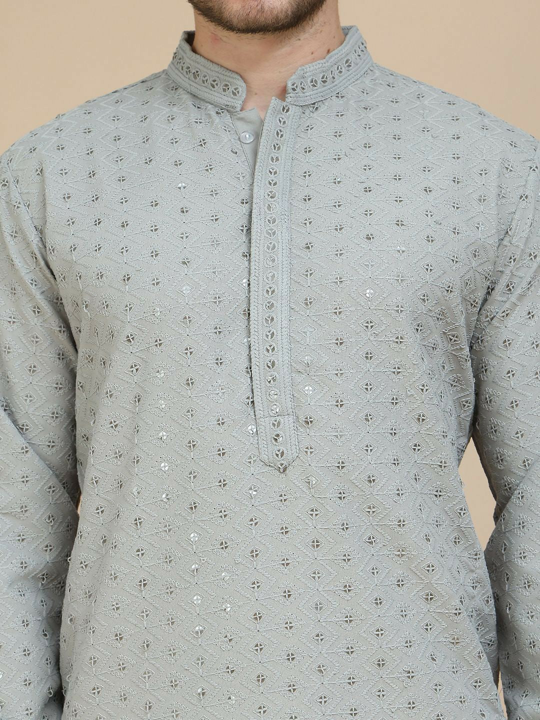 Men’s Grey Geometric Embroidered Kurta – Sequinned with Mandarin Collar