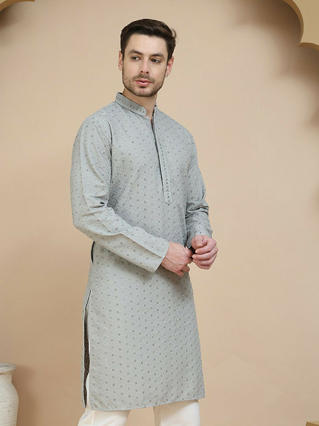 Men’s Grey Geometric Embroidered Kurta – Sequinned with Mandarin Collar