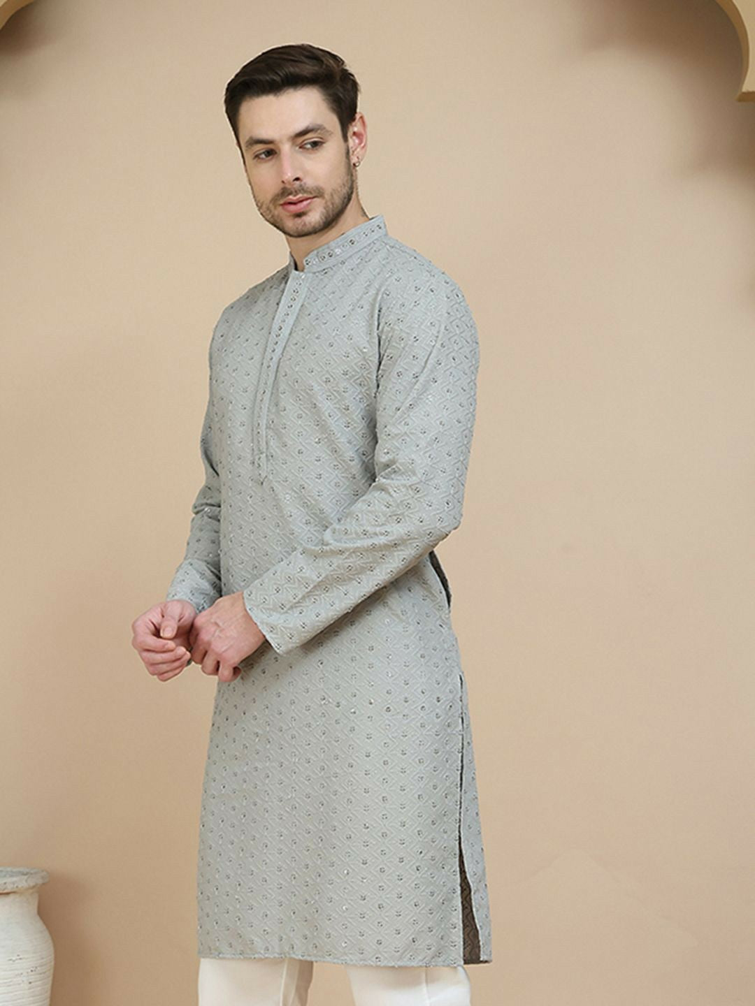 Men’s Grey Geometric Embroidered Kurta – Sequinned with Mandarin Collar