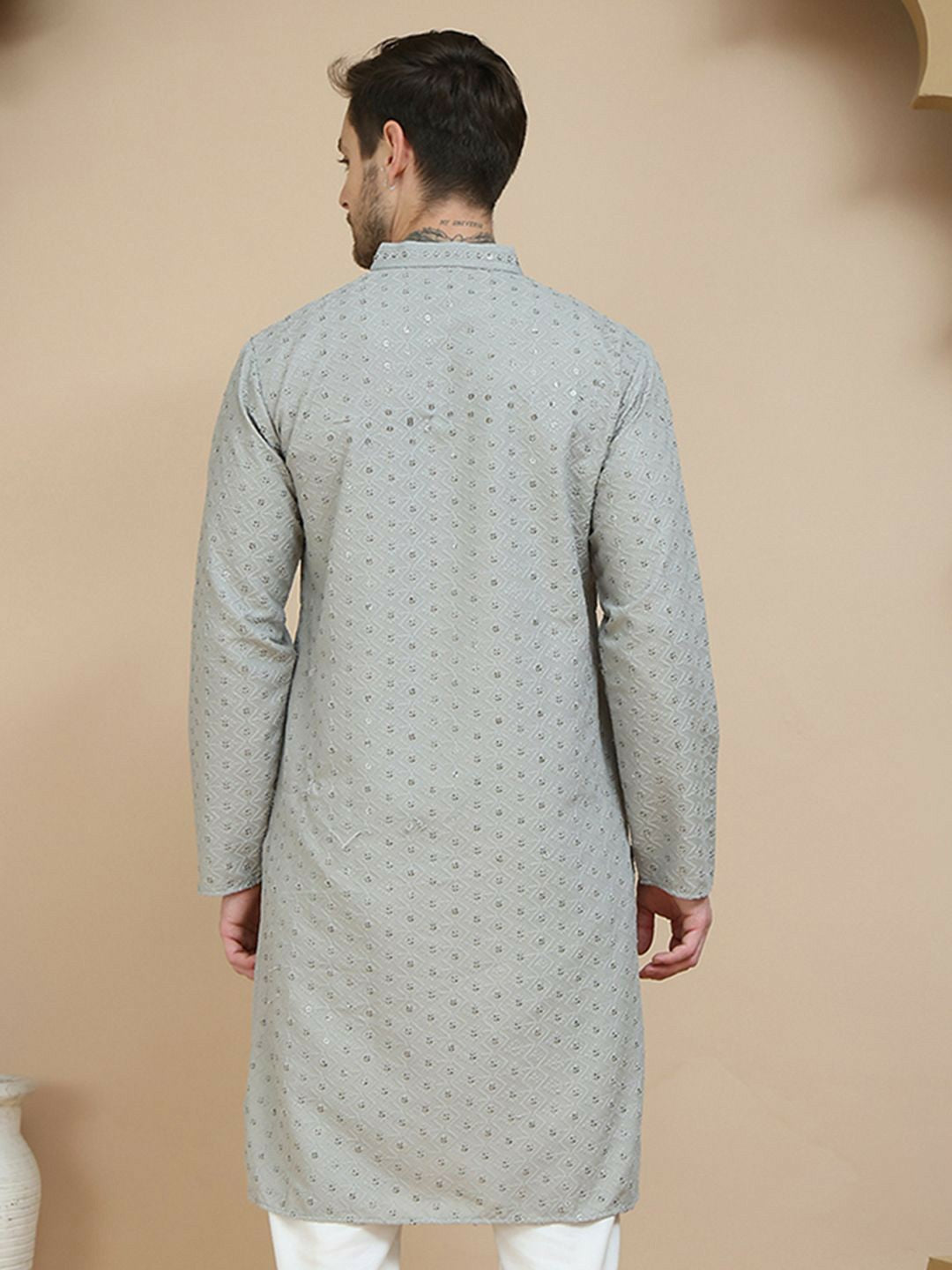 Men’s Grey Geometric Embroidered Kurta – Sequinned with Mandarin Collar