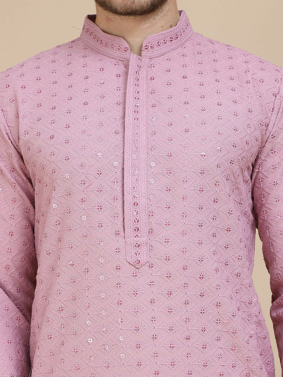 Men’s Magenta Geometric Embroidered Kurta – Sequinned with Mandarin Collar