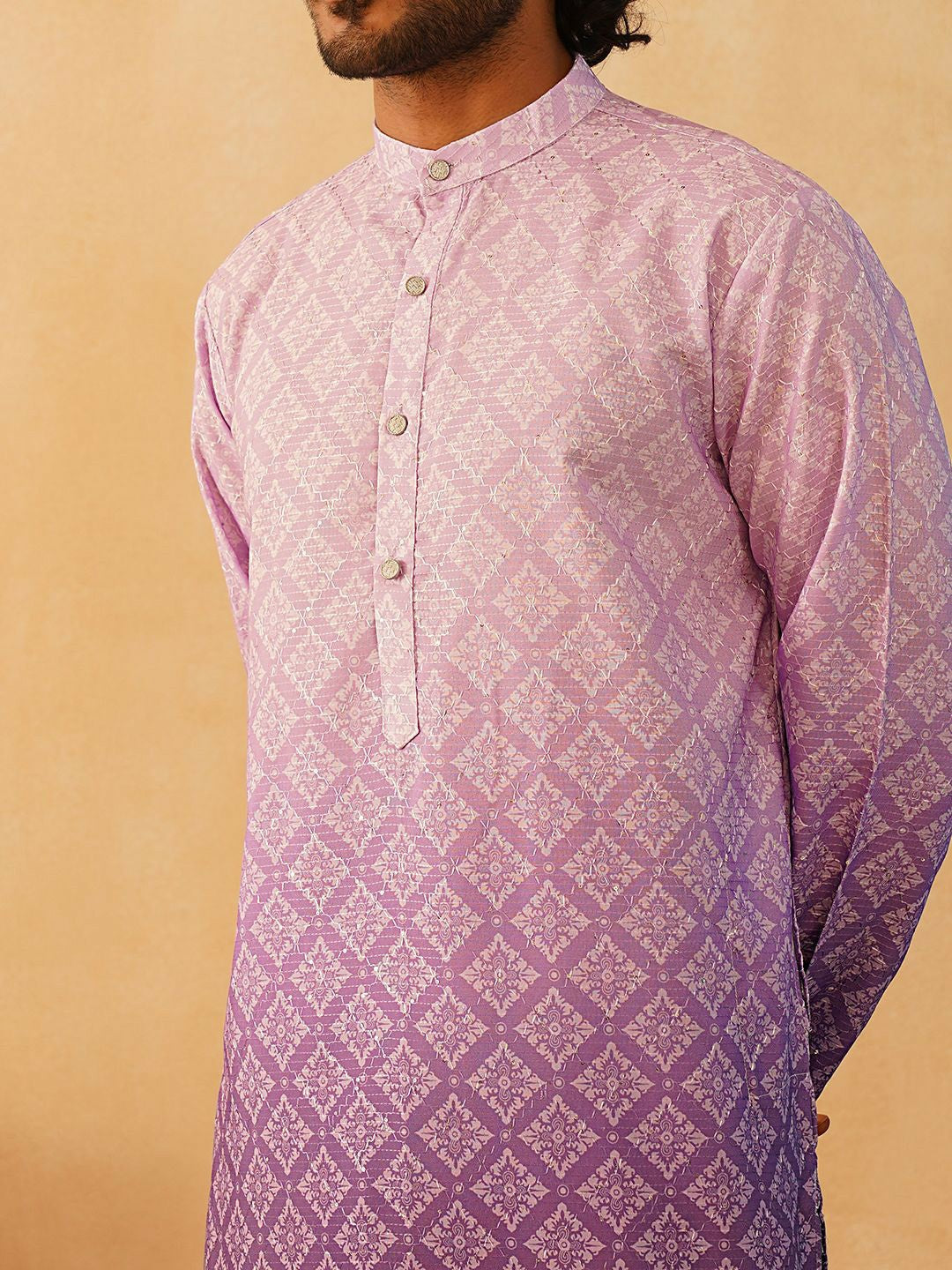 Men’s Purple Printed Band-Collar Cotton Kurta – Ethnic Chic