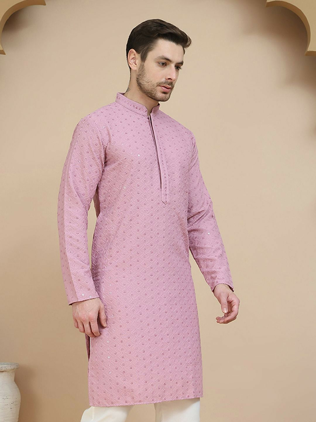 Men’s Magenta Geometric Embroidered Kurta – Sequinned with Mandarin Collar