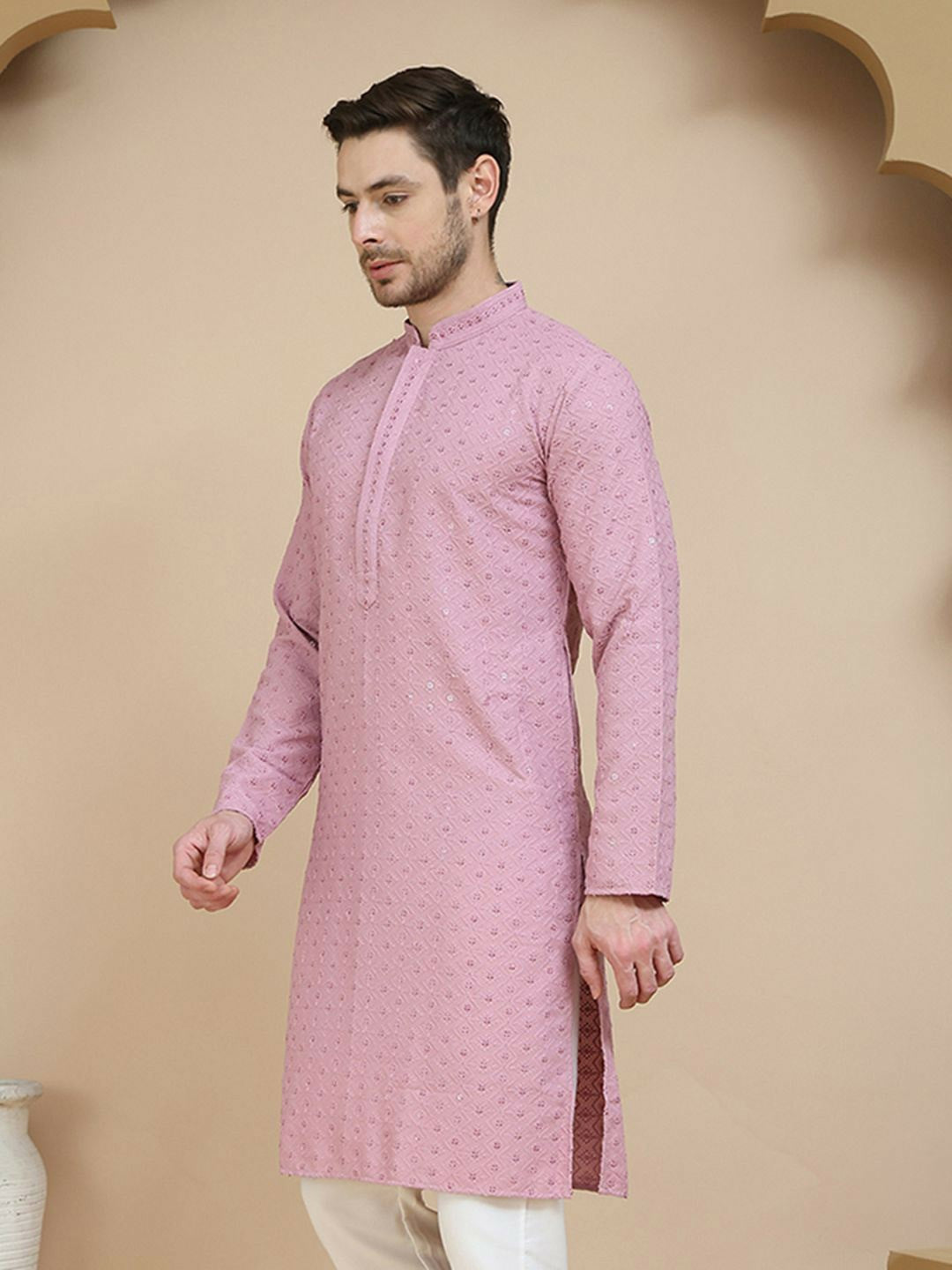 Men’s Magenta Geometric Embroidered Kurta – Sequinned with Mandarin Collar
