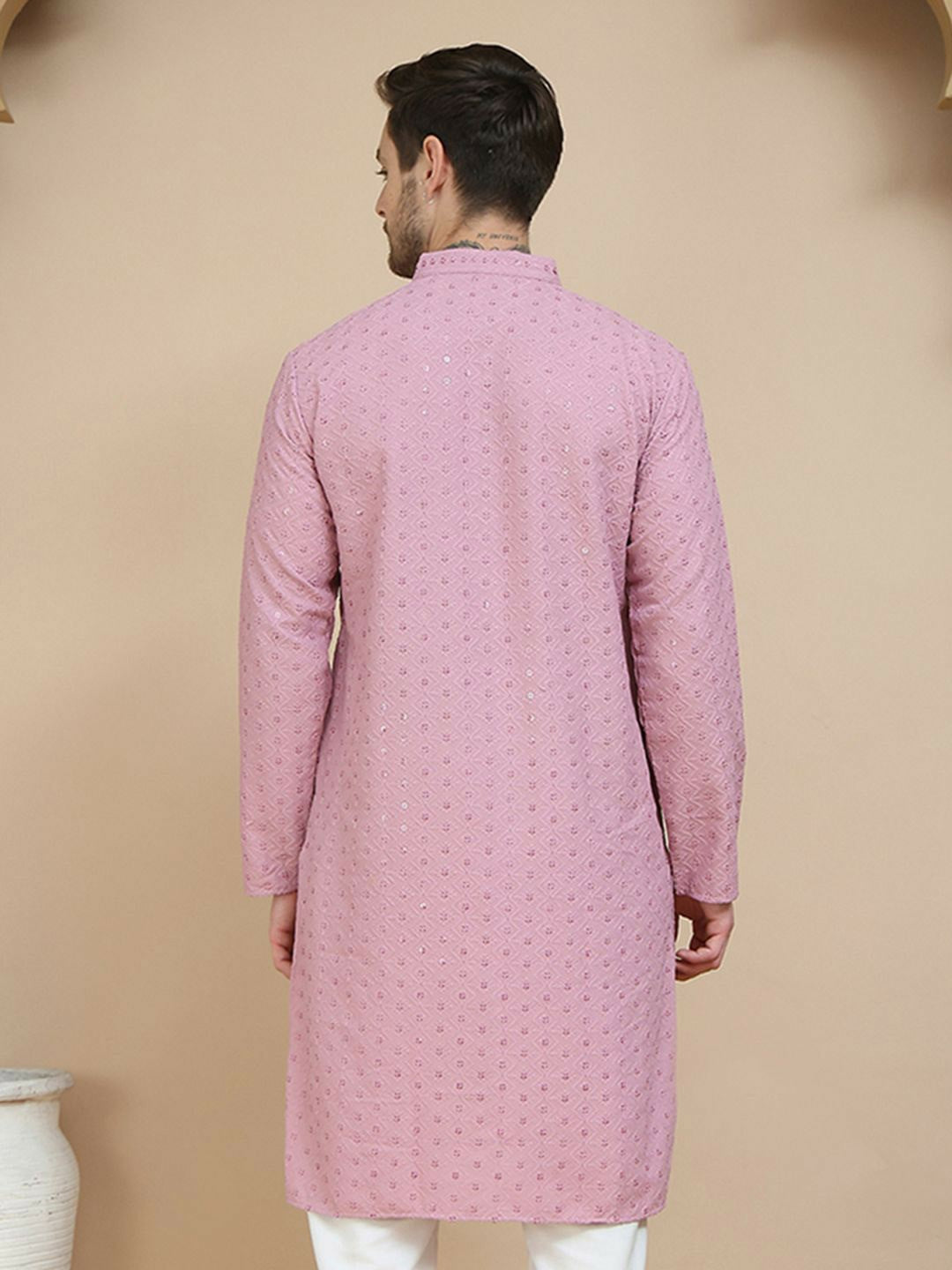 Men’s Magenta Geometric Embroidered Kurta – Sequinned with Mandarin Collar