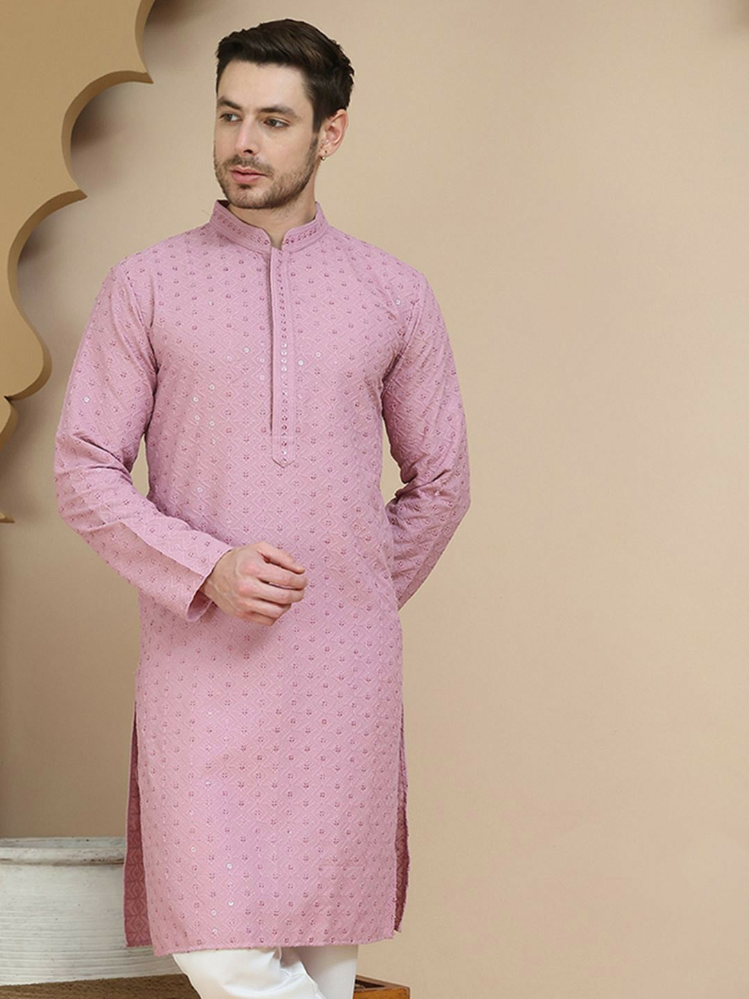 Men’s Magenta Geometric Embroidered Kurta – Sequinned with Mandarin Collar