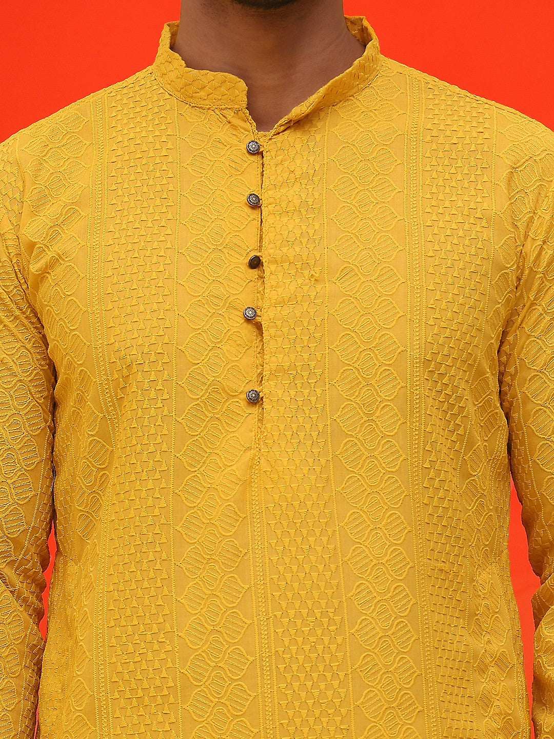 Men’s Mustard Yellow Geometric Chikankari Kurta – Pure Cotton, Mandarin Collar
