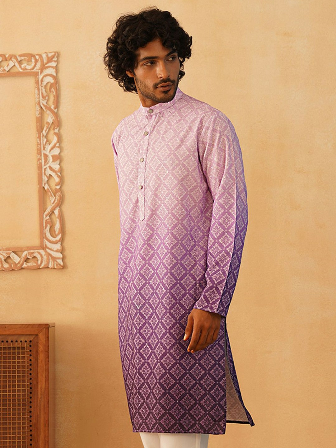 Men’s Purple Printed Band-Collar Cotton Kurta – Ethnic Chic