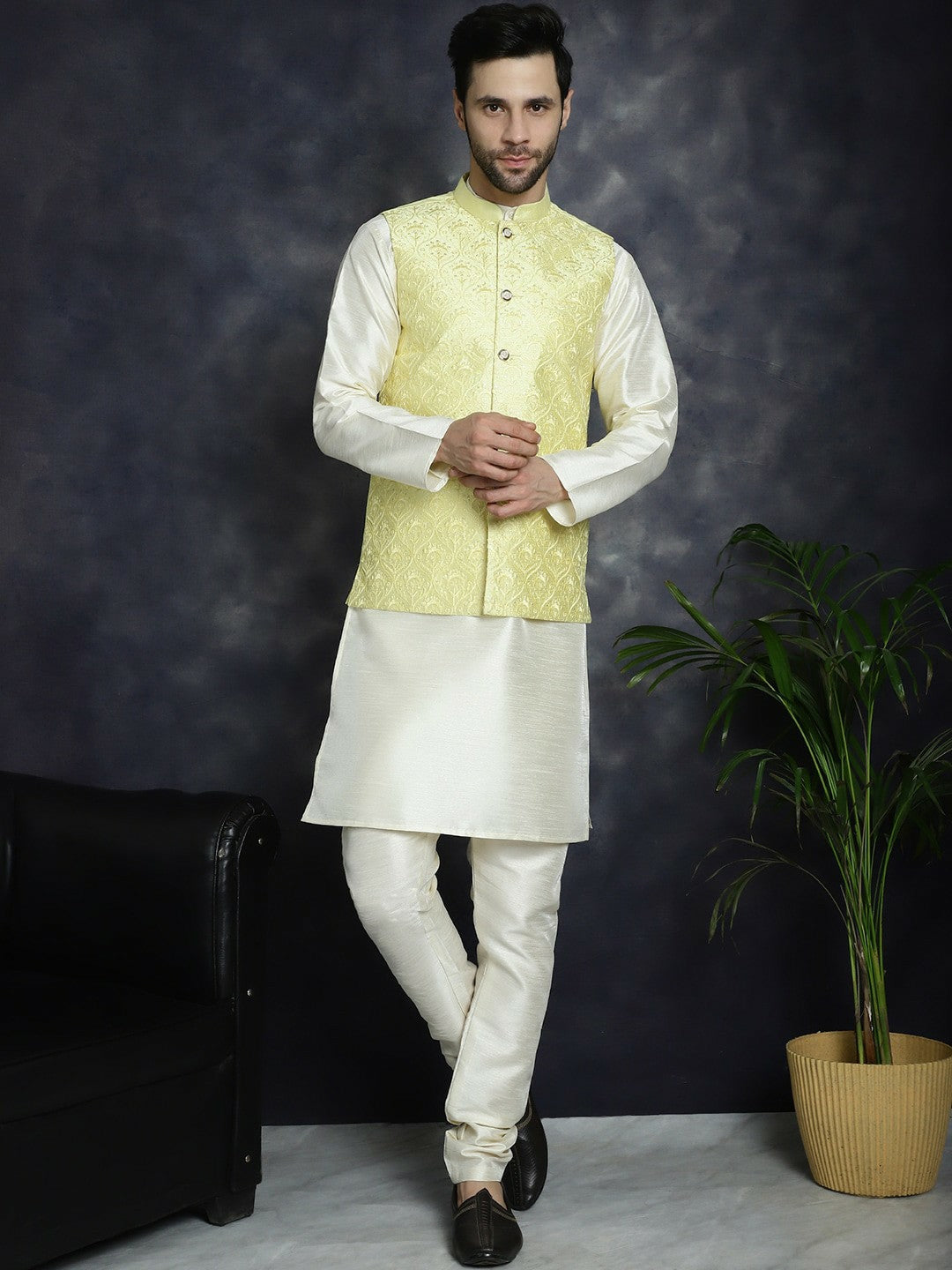 Men’s Yellow Embroidered Nehru Jacket – Sequinned Sleeveless Silk Blend Festive Wear