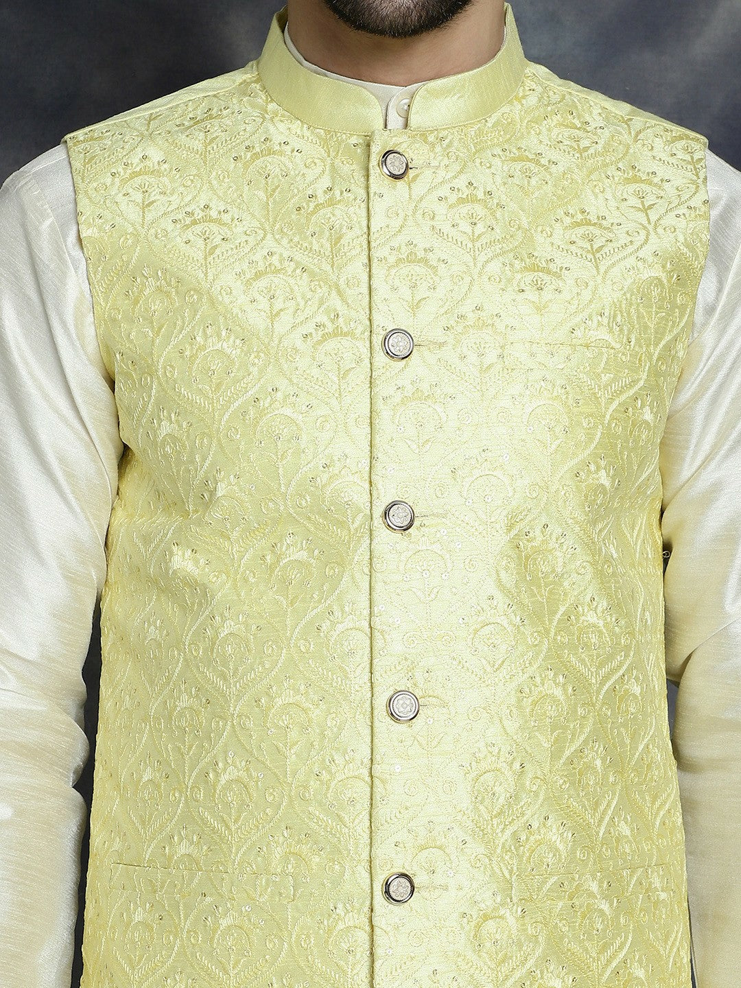 Men’s Yellow Embroidered Nehru Jacket – Sequinned Sleeveless Silk Blend Festive Wear