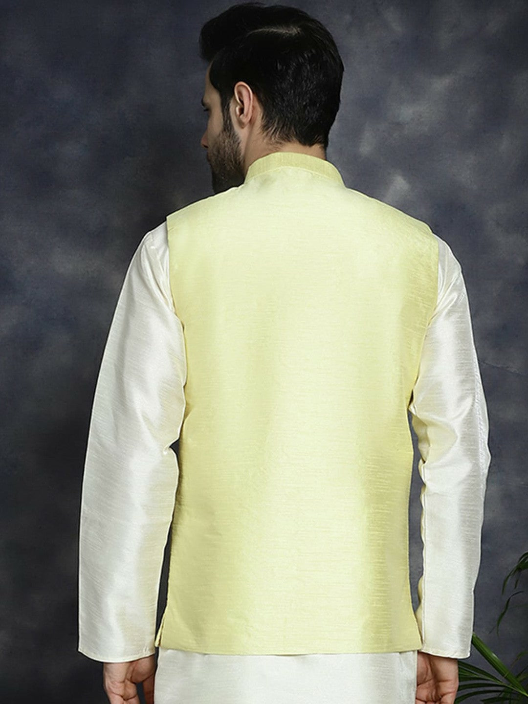Men’s Yellow Embroidered Nehru Jacket – Sequinned Sleeveless Silk Blend Festive Wear