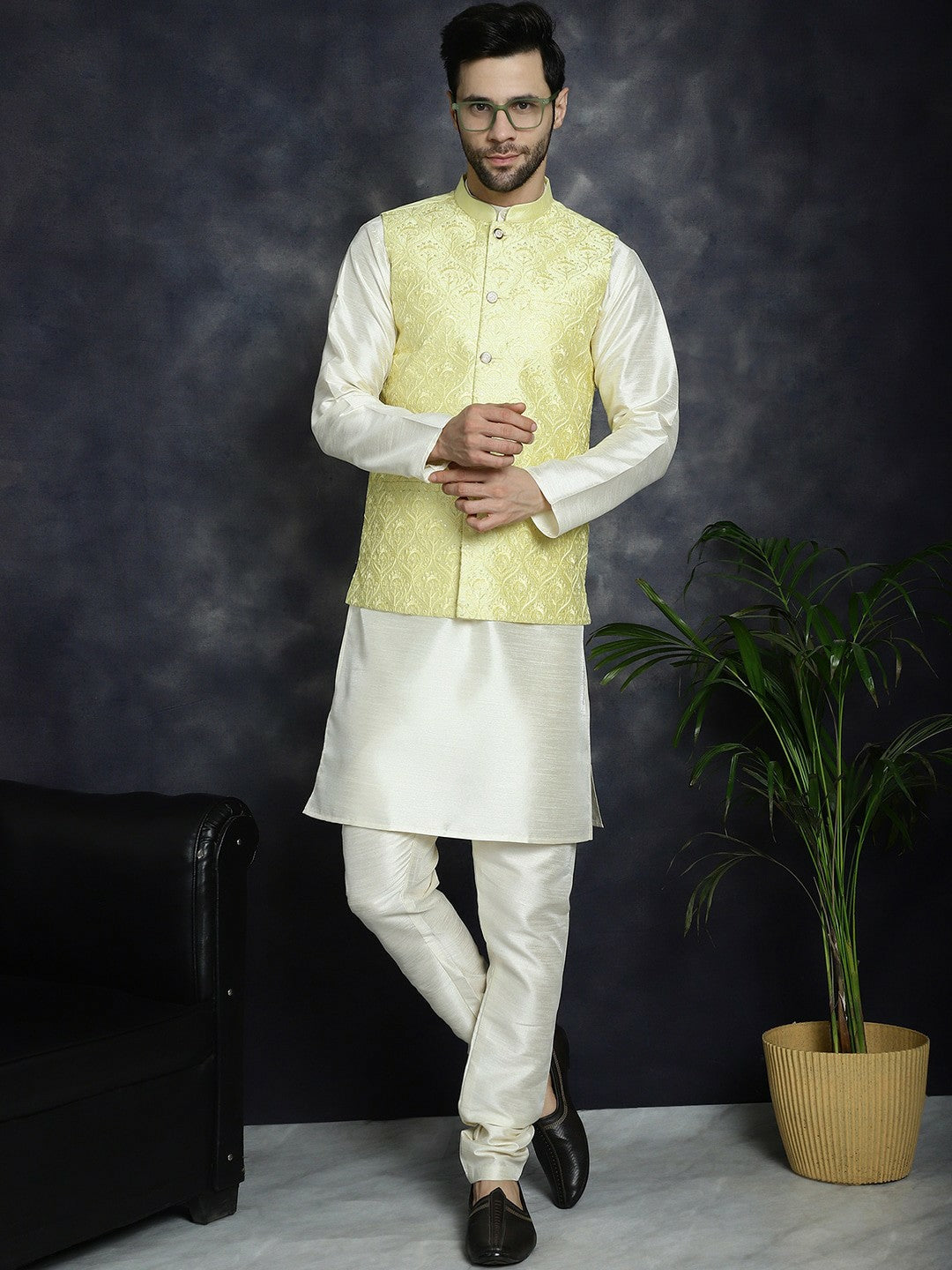 Men’s Yellow Embroidered Nehru Jacket – Sequinned Sleeveless Silk Blend Festive Wear