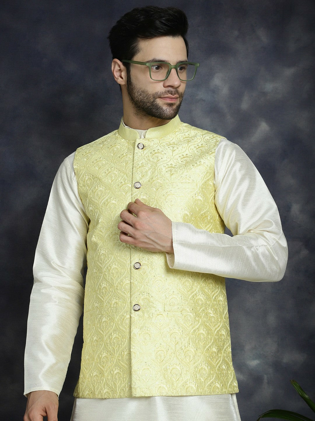 Men’s Yellow Embroidered Nehru Jacket – Sequinned Sleeveless Silk Blend Festive Wear