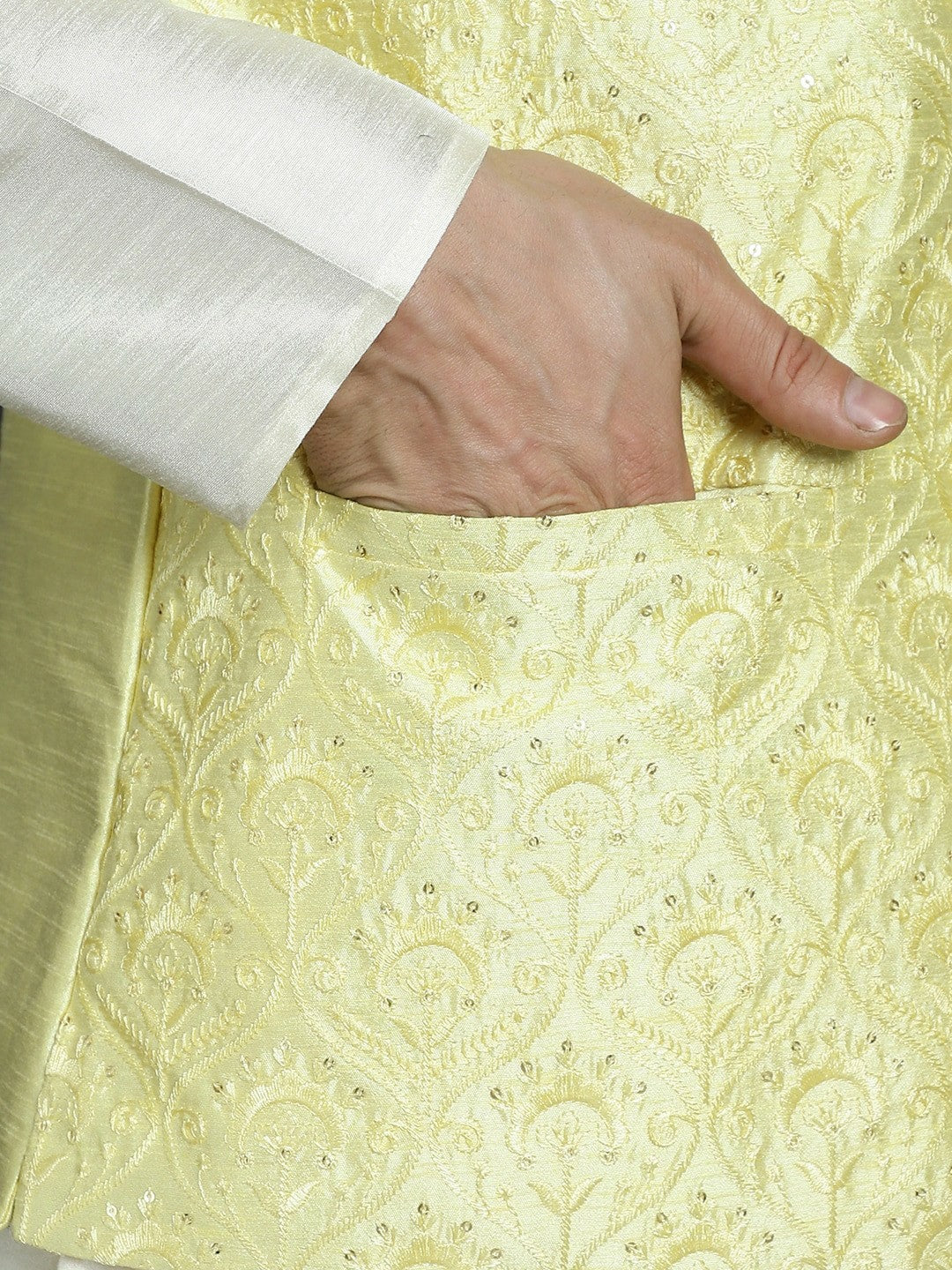 Men’s Yellow Embroidered Nehru Jacket – Sequinned Sleeveless Silk Blend Festive Wear
