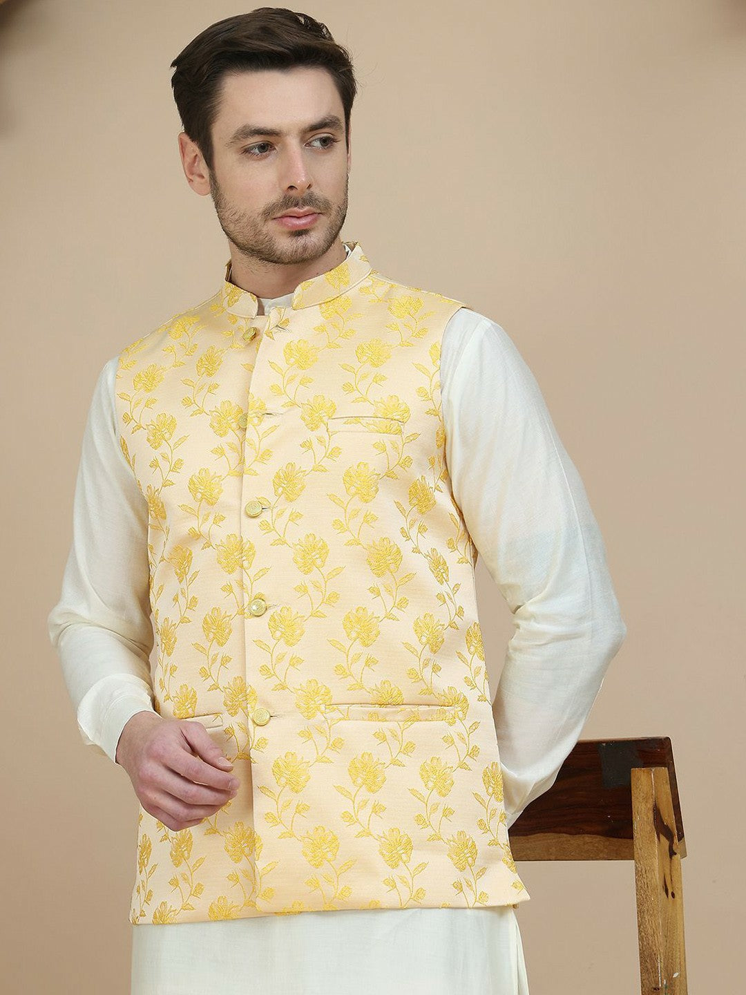Yellow Embroidered Woven Satin Nehru Jacket for Men | indiaista