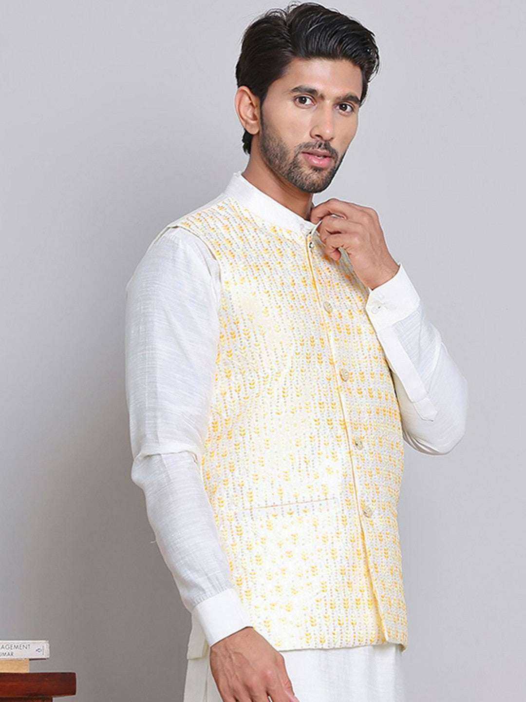 Men’s White & Yellow Embroidered Nehru Jacket – Silk Cotton Vest