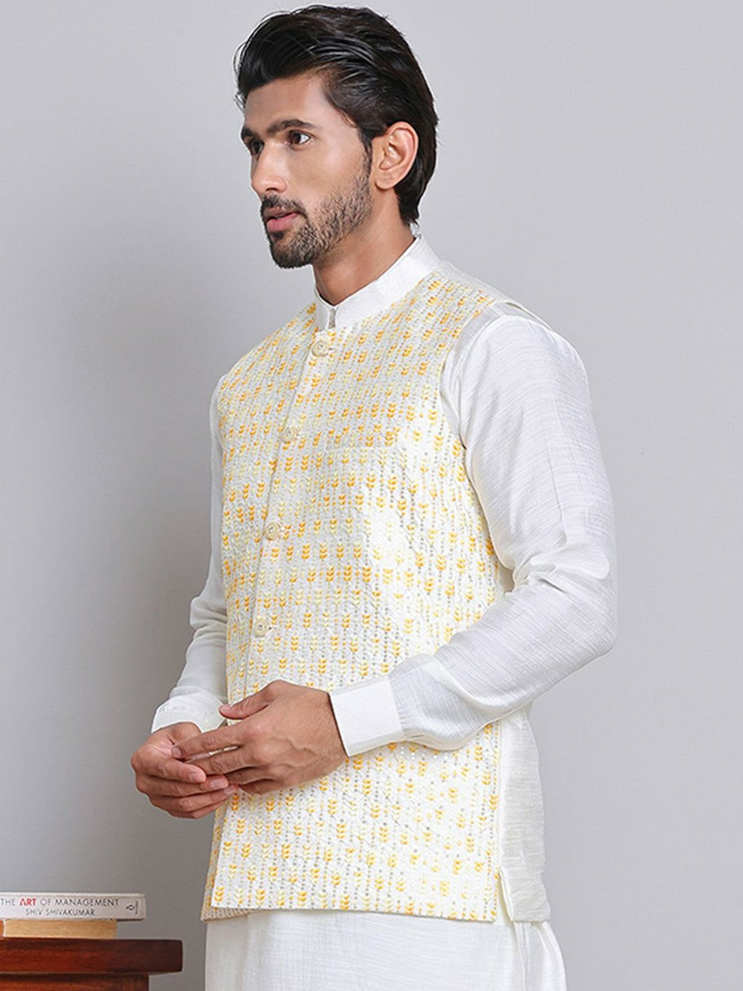 Men’s White & Yellow Embroidered Nehru Jacket – Silk Cotton Vest