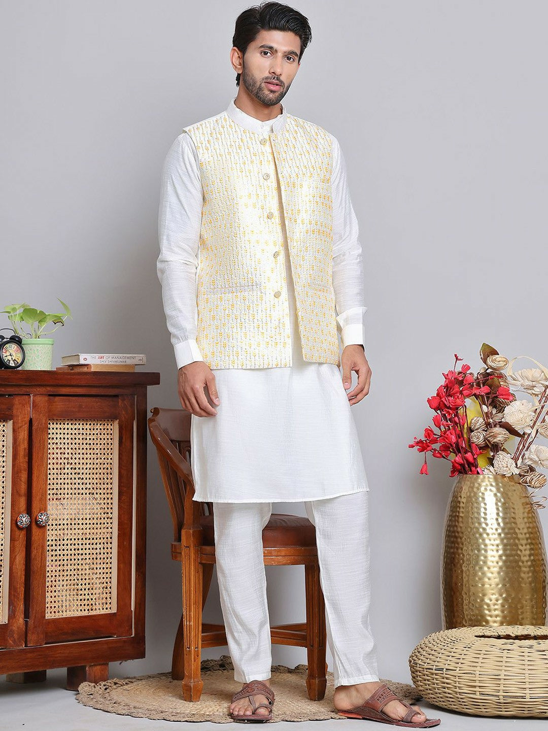 Men’s White & Yellow Embroidered Nehru Jacket – Silk Cotton Vest