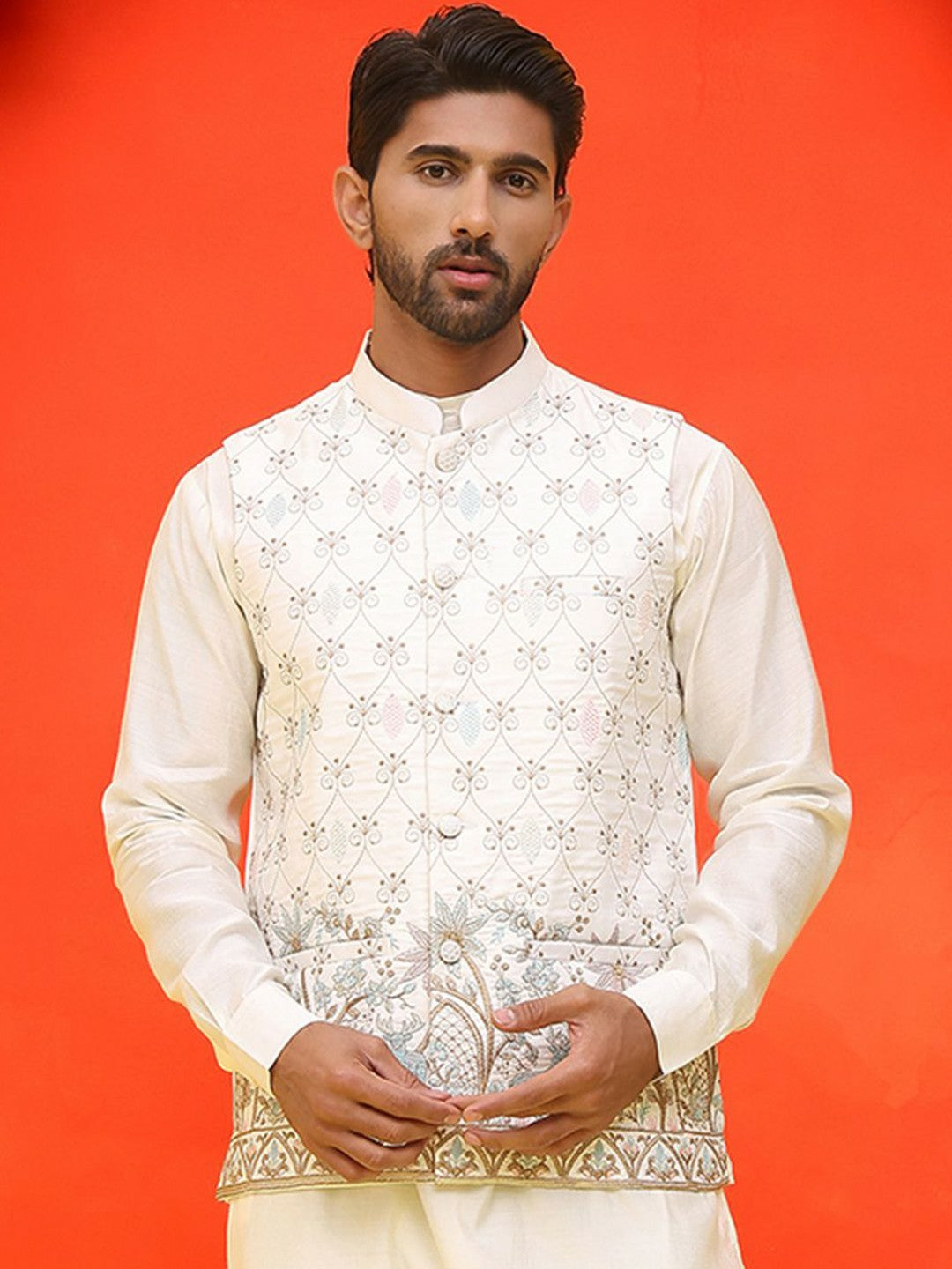 Men’s White Embroidered Velvet Nehru Jacket – Royal Sleeveless Vest
