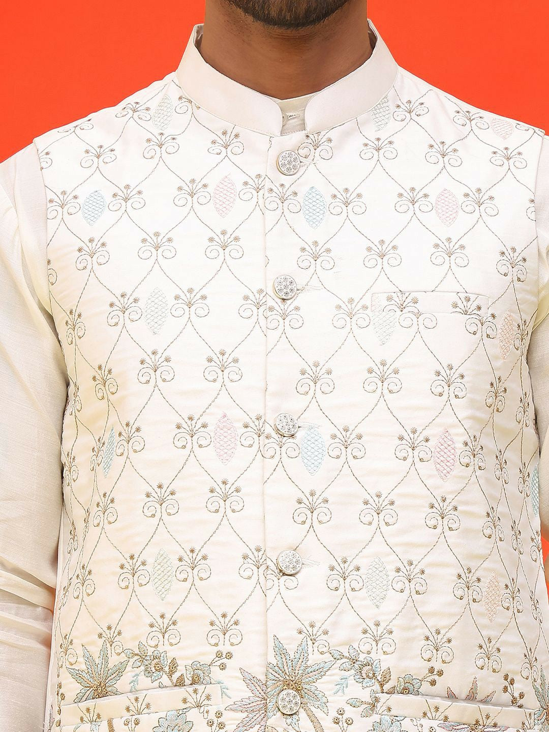 Men’s White Embroidered Velvet Nehru Jacket – Royal Sleeveless Vest