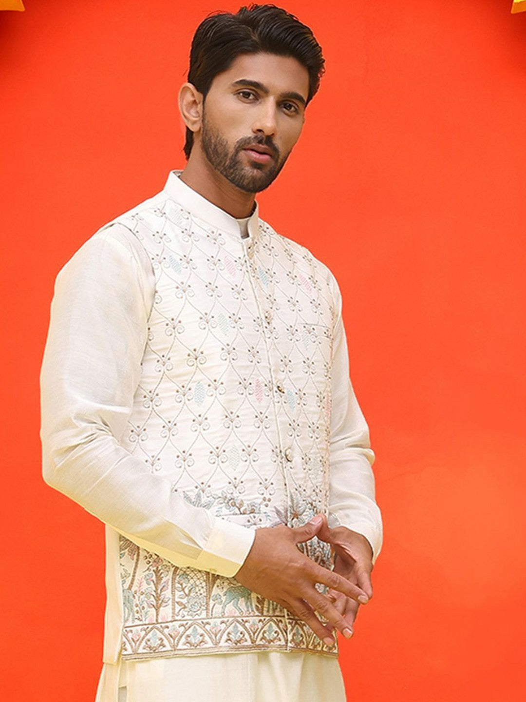 Men’s White Embroidered Velvet Nehru Jacket – Royal Sleeveless Vest