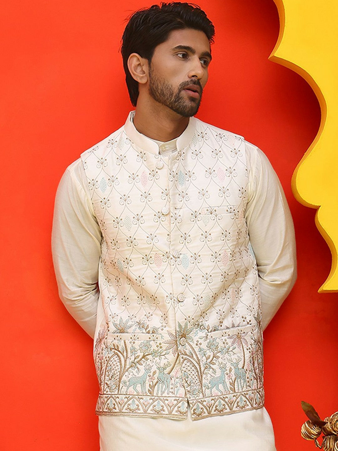 Men’s White Embroidered Velvet Nehru Jacket – Royal Sleeveless Vest