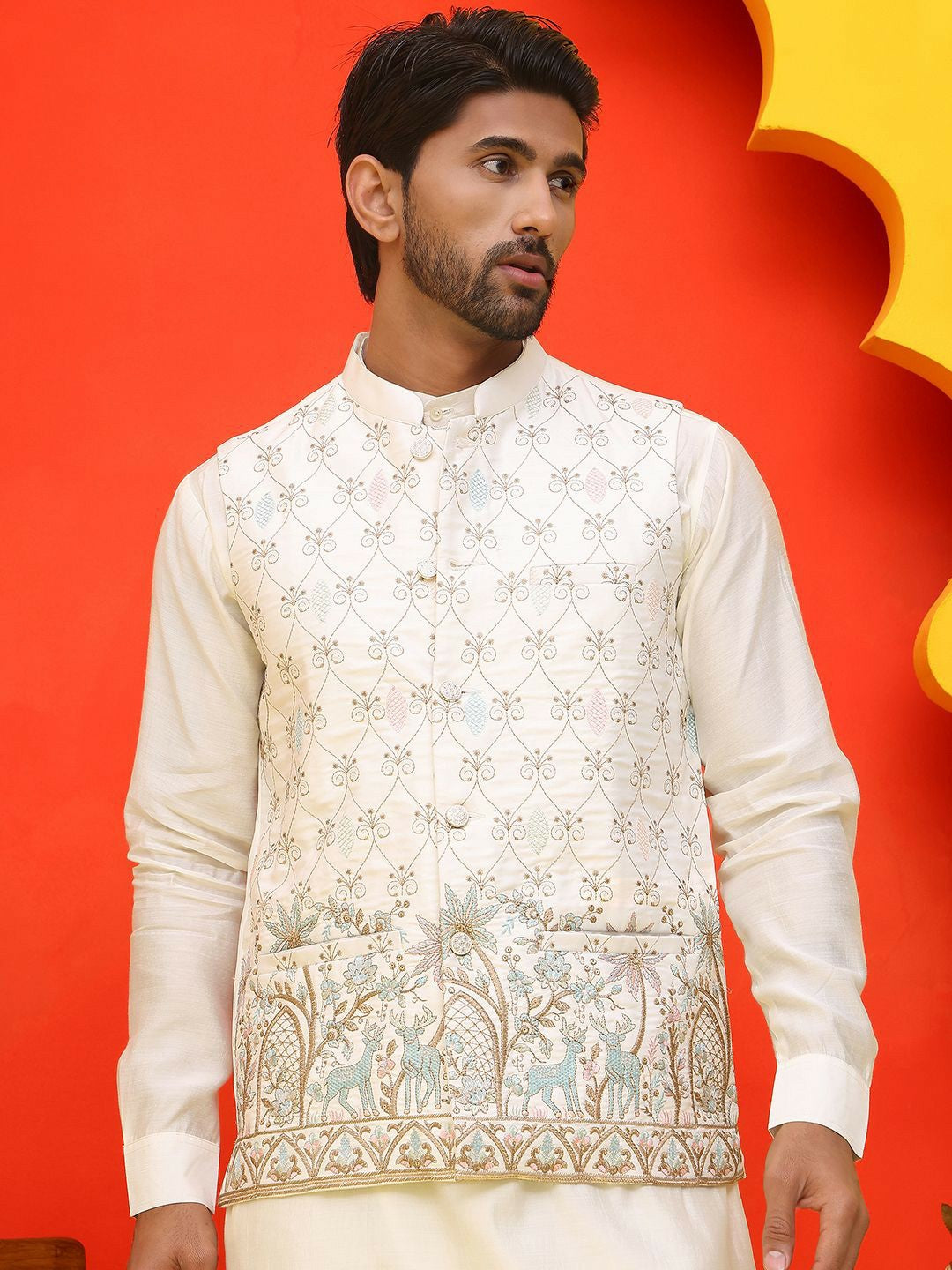 Men’s White Embroidered Velvet Nehru Jacket – Royal Sleeveless Vest