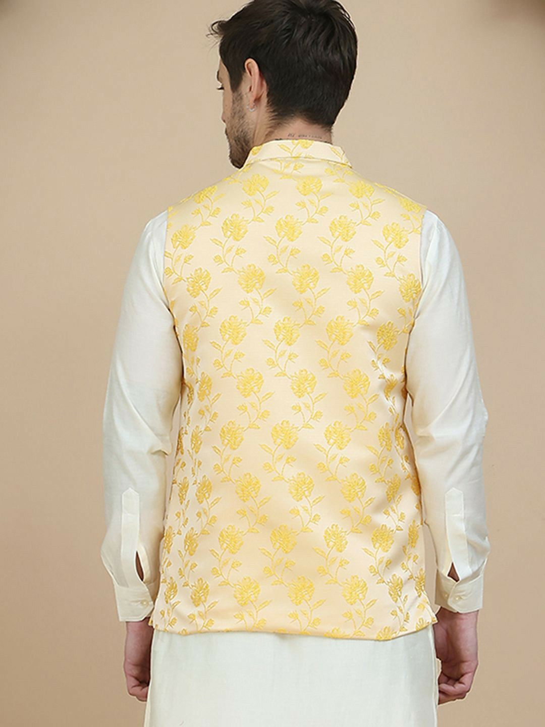Yellow Embroidered Woven Satin Nehru Jacket for Men | indiaista