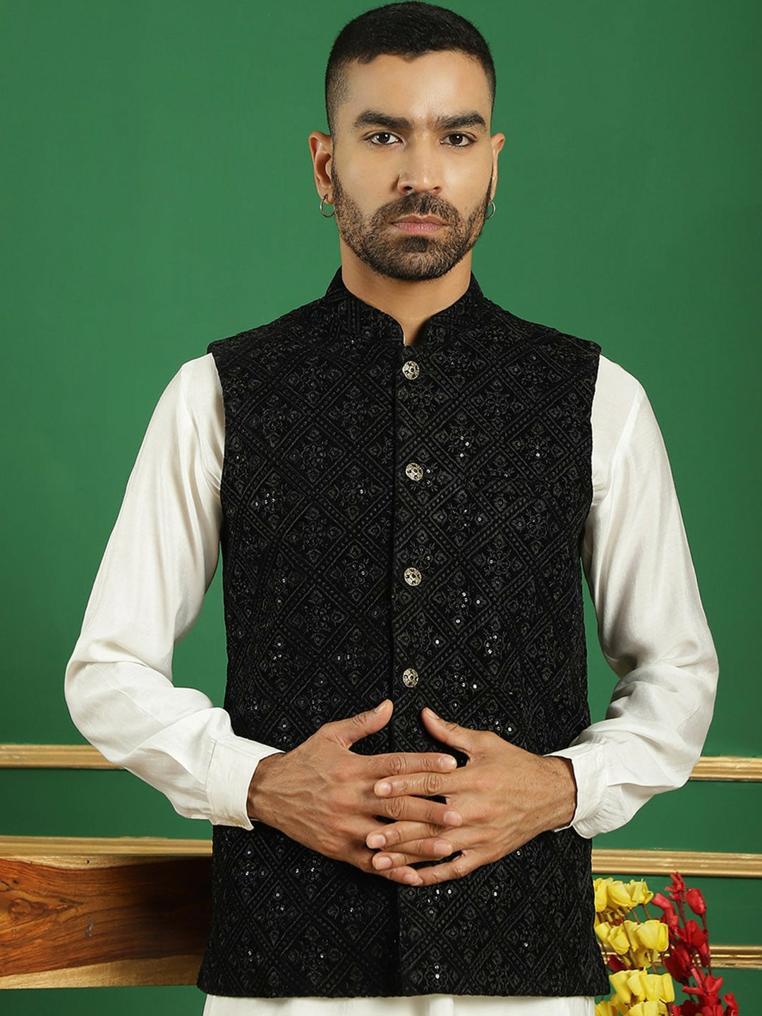 Men’s Black Embroidered Nehru Jacket – Viscose Rayon Sleeveless Vest