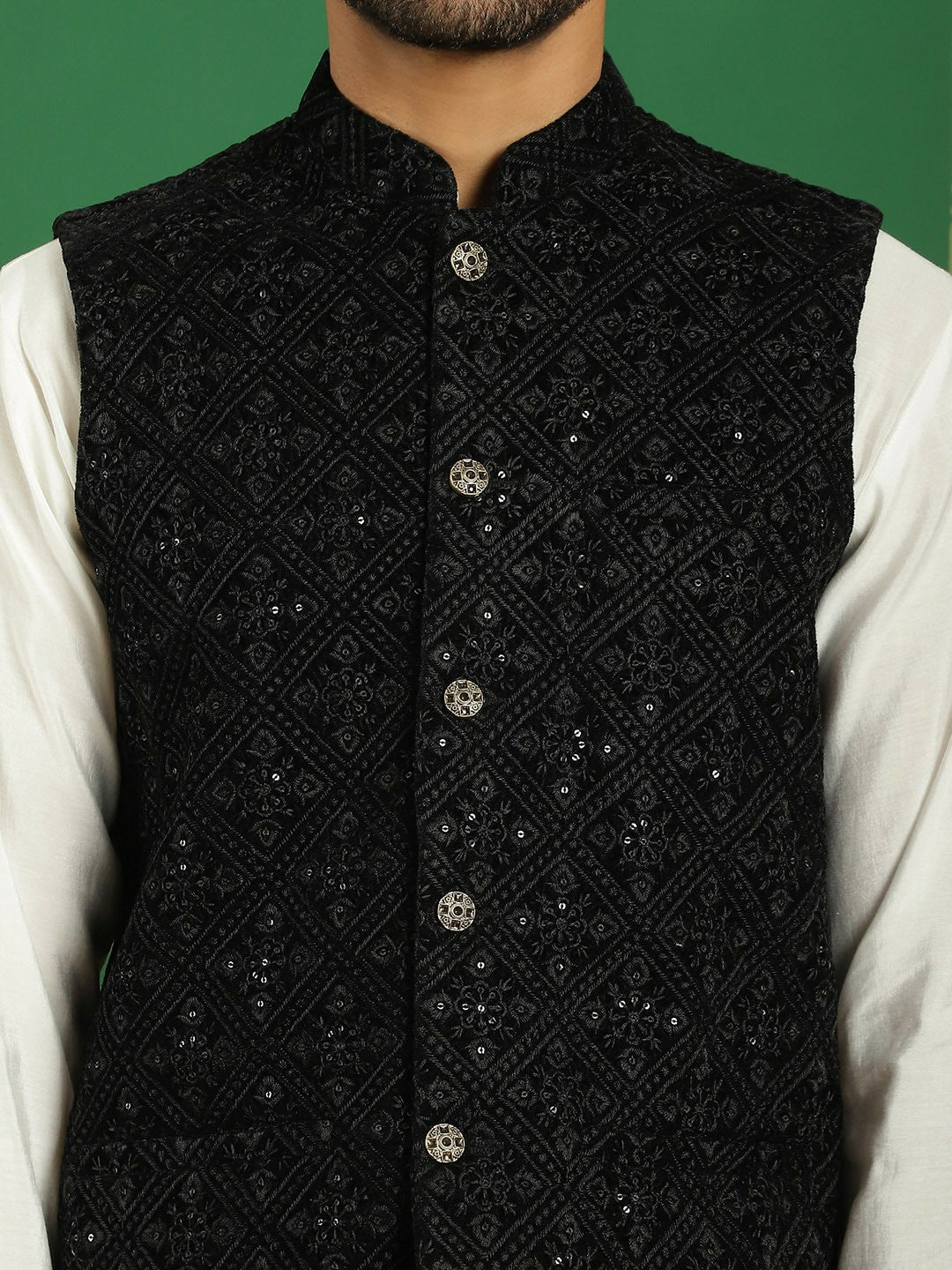Men’s Black Embroidered Nehru Jacket – Viscose Rayon Sleeveless Vest