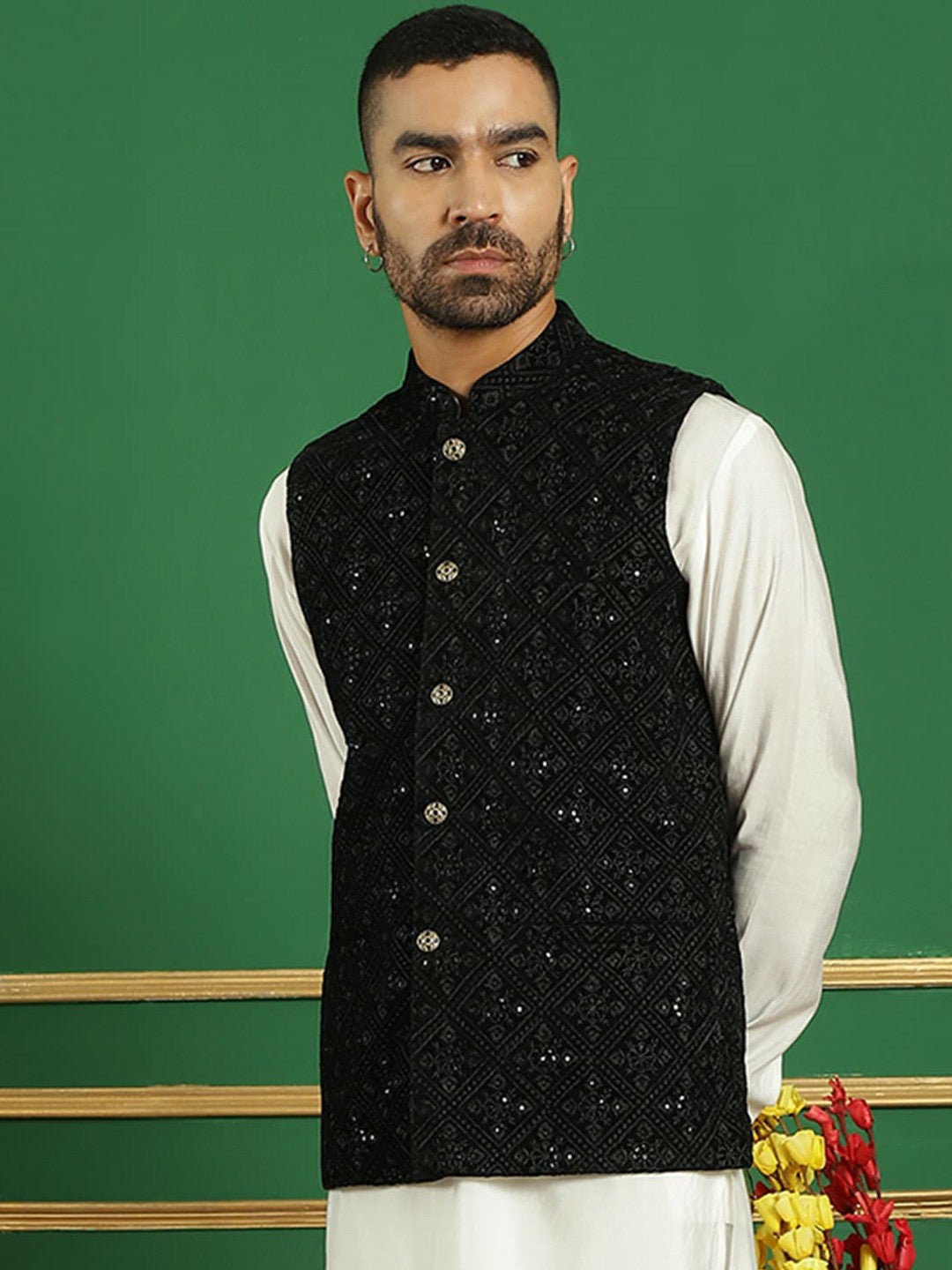 Men’s Black Embroidered Nehru Jacket – Viscose Rayon Sleeveless Vest
