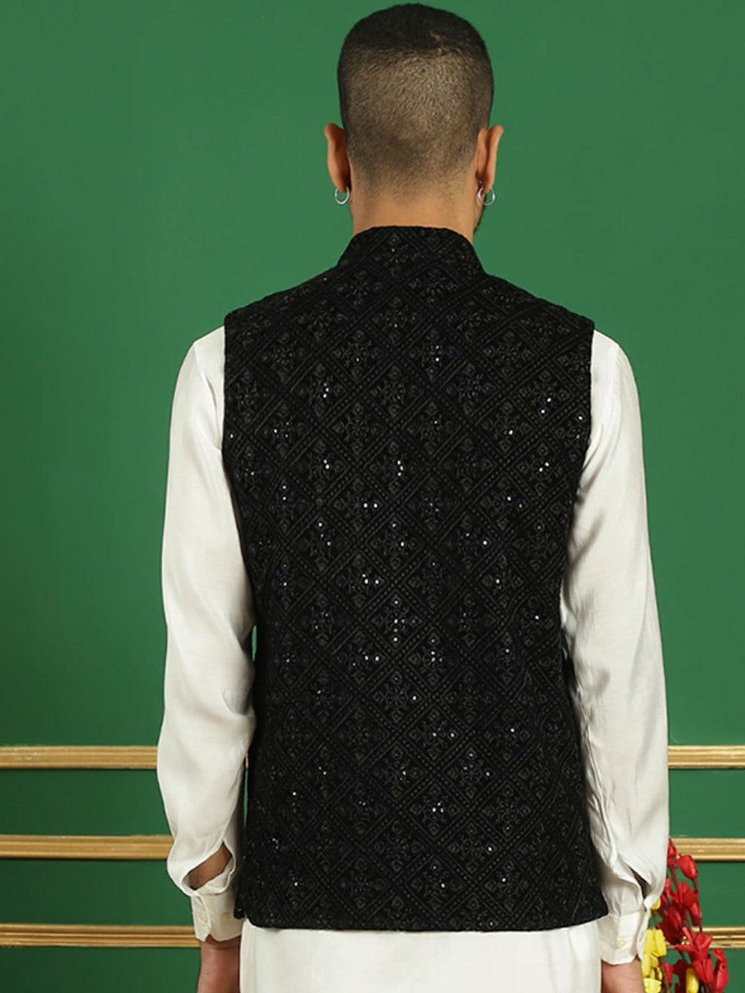 Men’s Black Embroidered Nehru Jacket – Viscose Rayon Sleeveless Vest