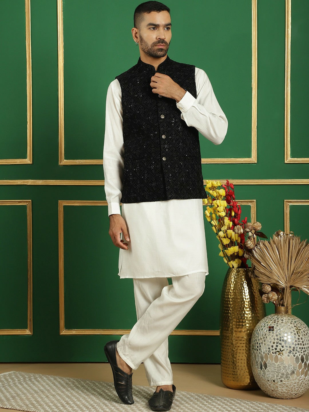 Men’s Black Embroidered Nehru Jacket – Viscose Rayon Sleeveless Vest