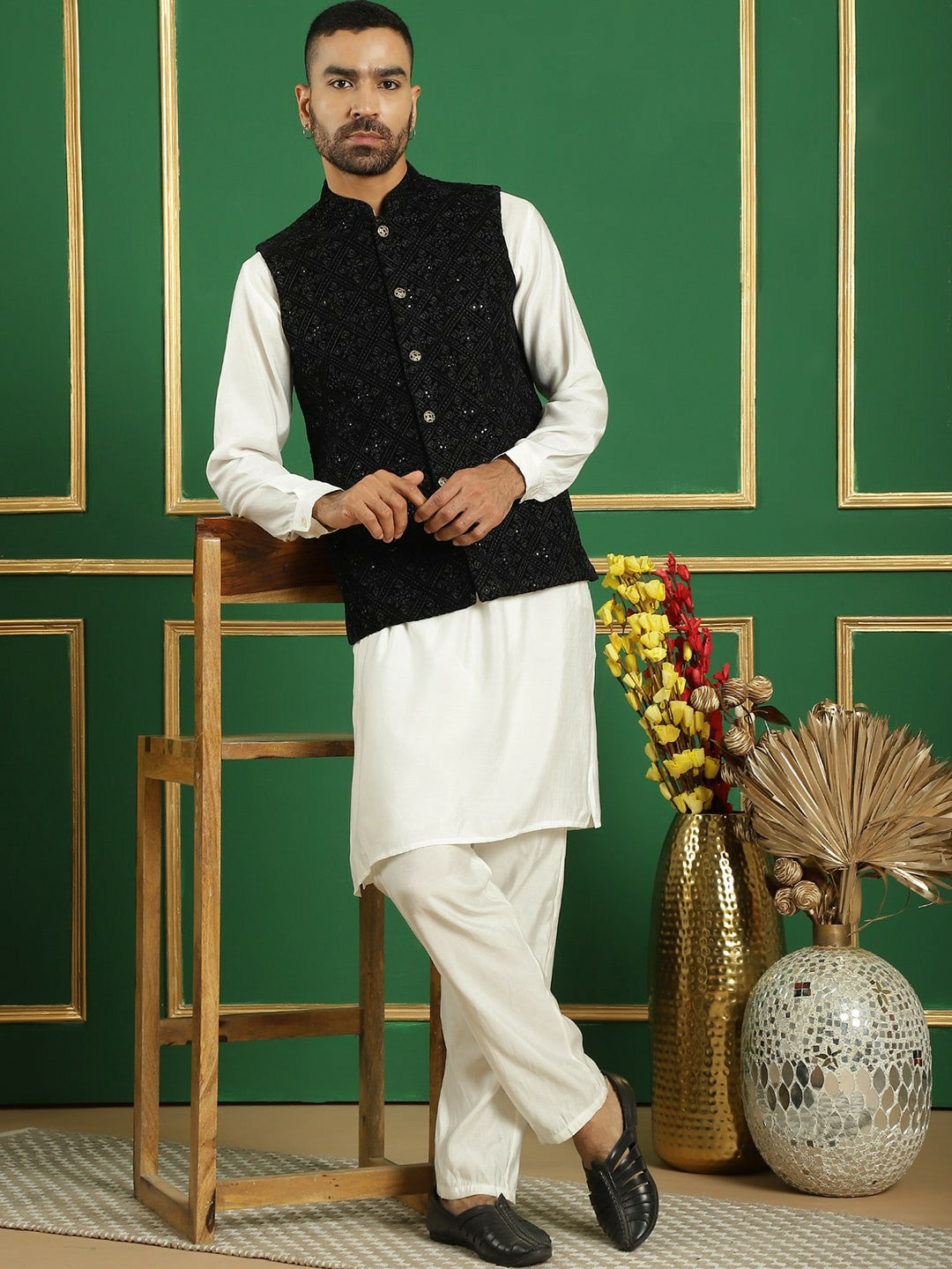 Men’s Black Embroidered Nehru Jacket – Viscose Rayon Sleeveless Vest