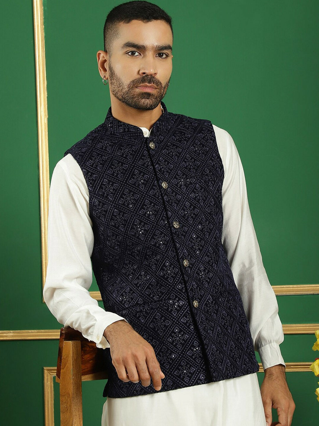 Men’s Navy Blue Embroidered Velvet Nehru Jacket – Regal Sleeveless Vest