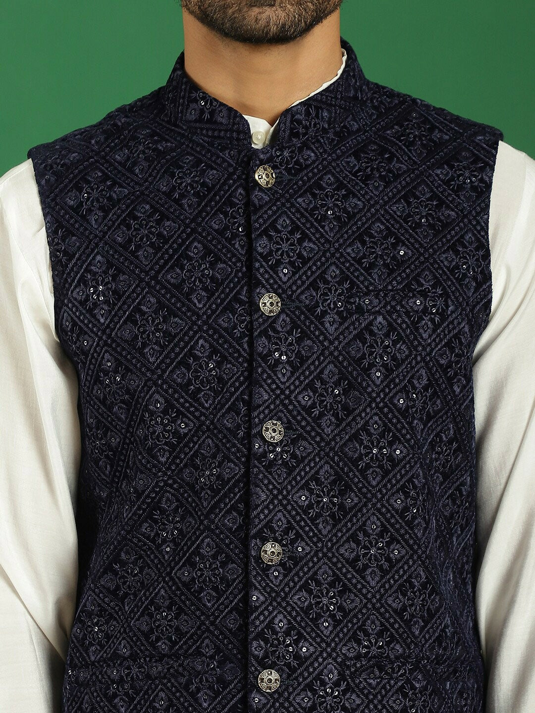 Men’s Navy Blue Embroidered Velvet Nehru Jacket – Regal Sleeveless Vest