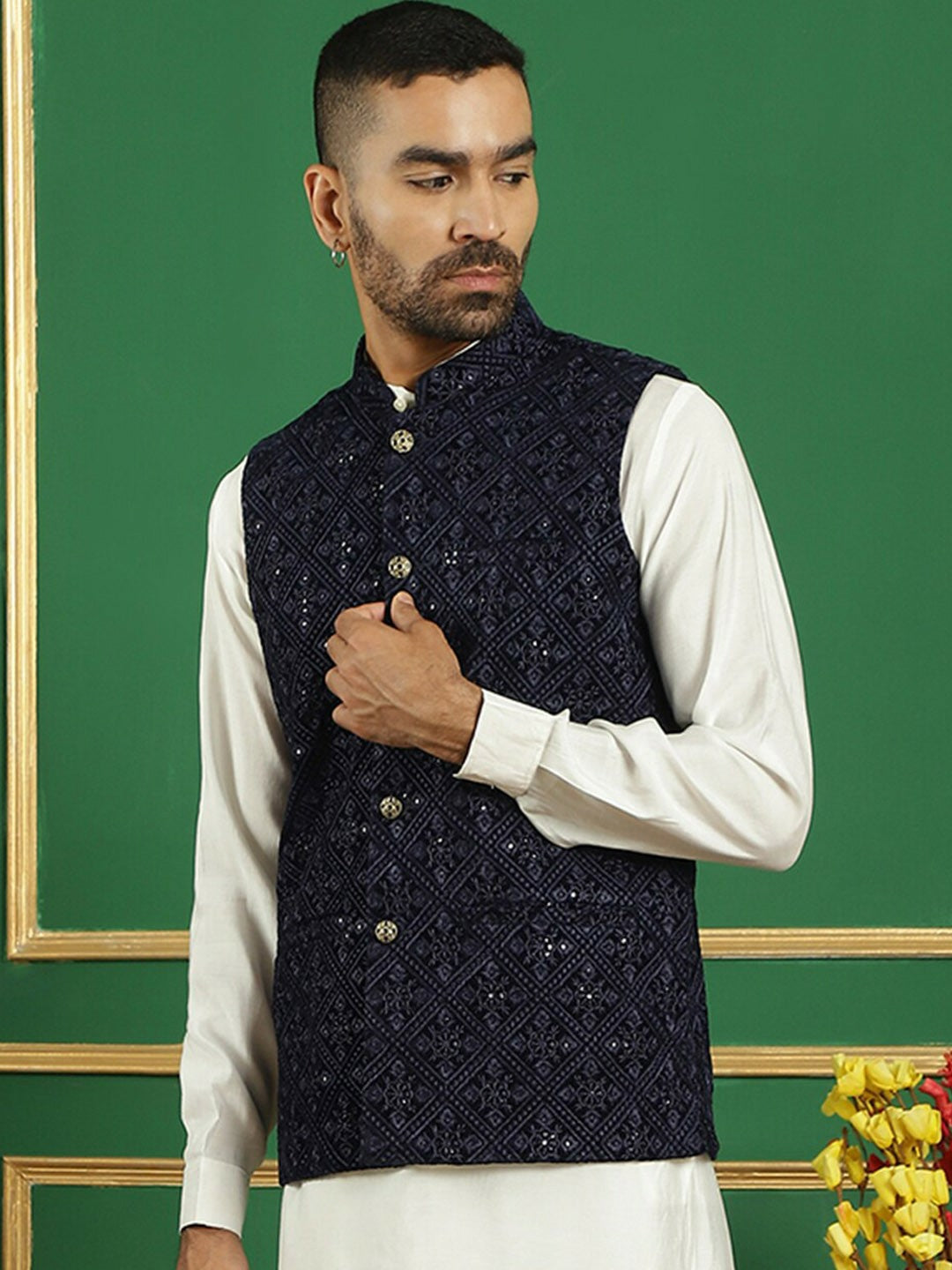 Men’s Navy Blue Embroidered Velvet Nehru Jacket – Regal Sleeveless Vest