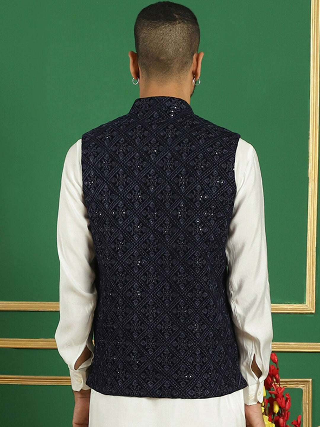 Men’s Navy Blue Embroidered Velvet Nehru Jacket – Regal Sleeveless Vest