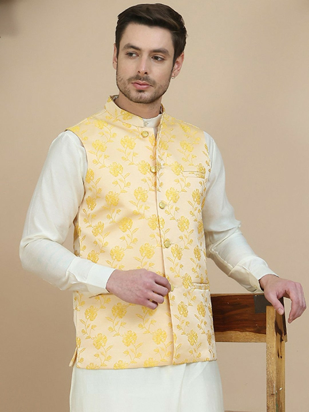 Yellow Embroidered Woven Satin Nehru Jacket for Men | indiaista