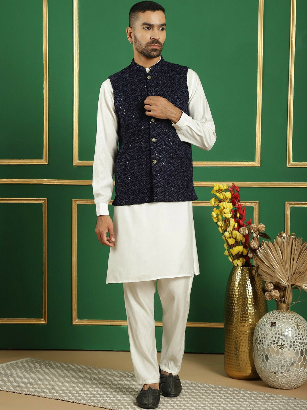 Men’s Navy Blue Embroidered Velvet Nehru Jacket – Regal Sleeveless Vest