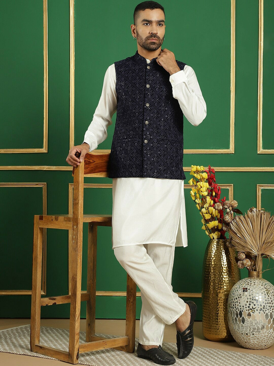 Men’s Navy Blue Embroidered Velvet Nehru Jacket – Regal Sleeveless Vest