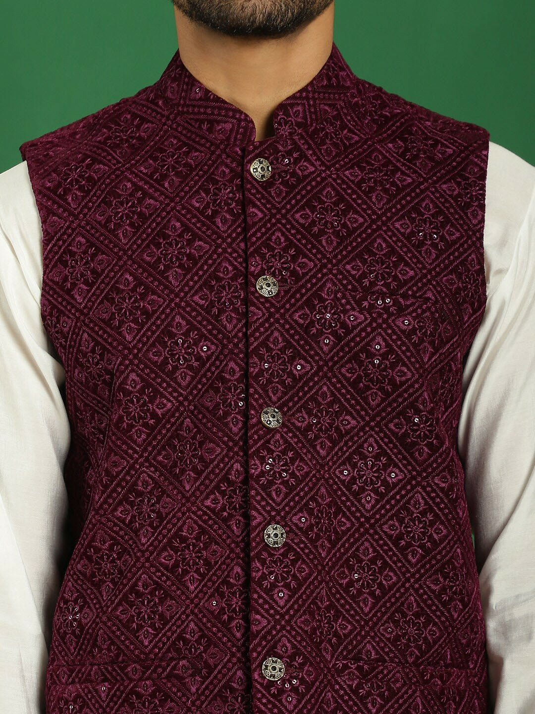 Men’s Burgundy Sequin Embroidered Nehru Jacket – Velvet Festive Vest