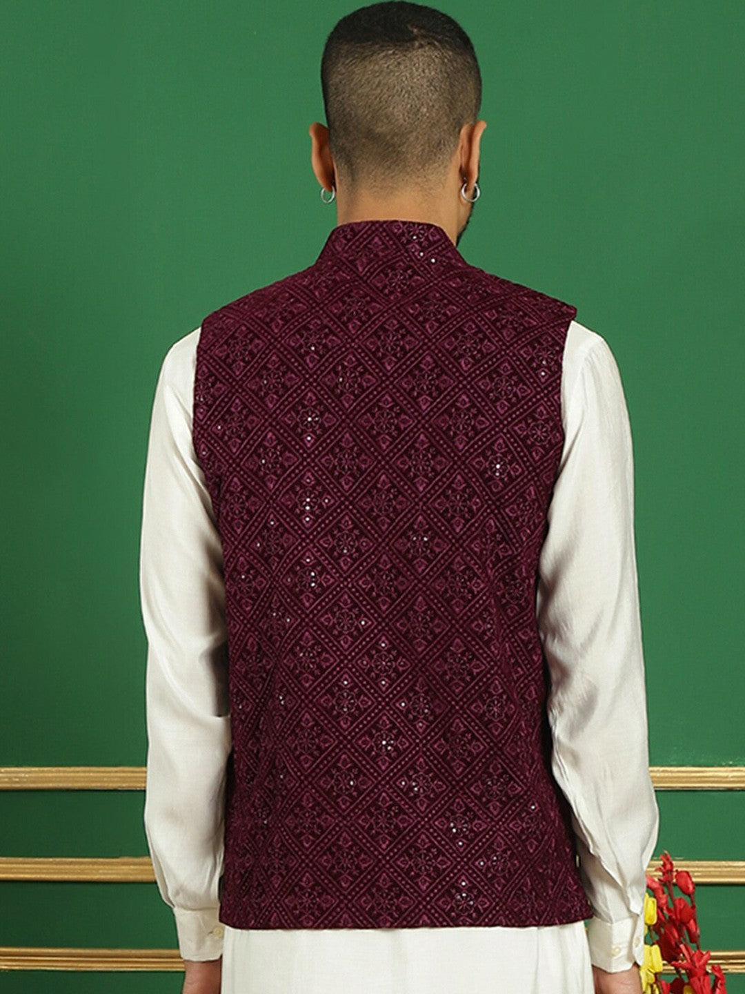 Men’s Burgundy Sequin Embroidered Nehru Jacket – Velvet Festive Vest
