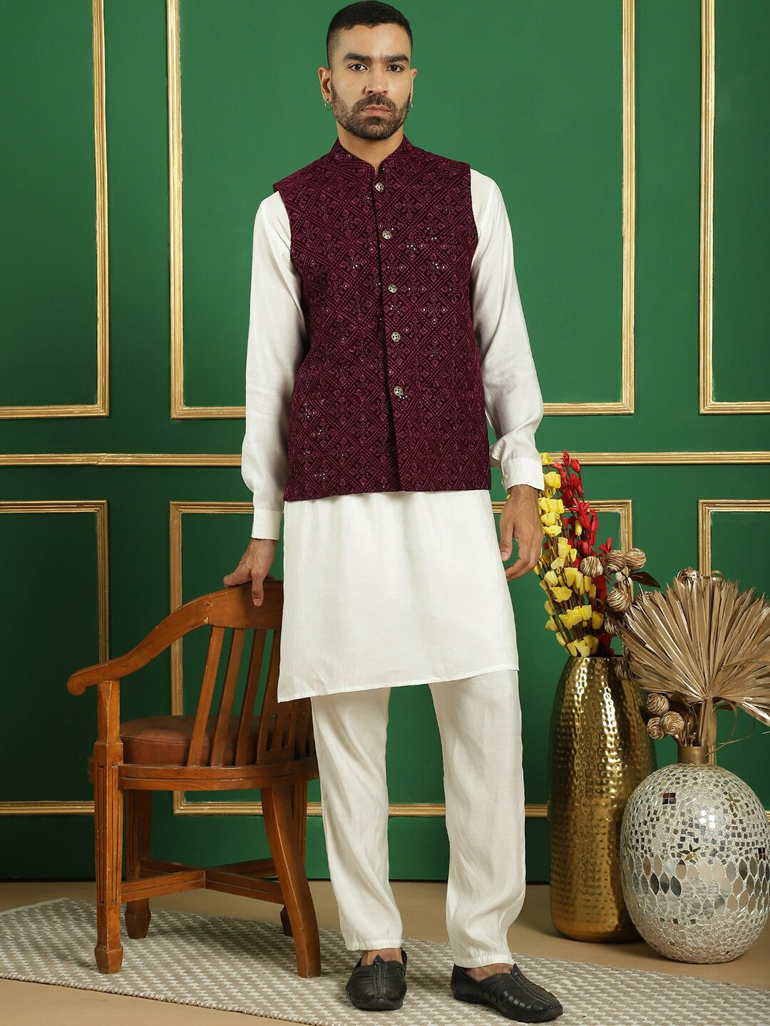 Men’s Burgundy Sequin Embroidered Nehru Jacket – Velvet Festive Vest