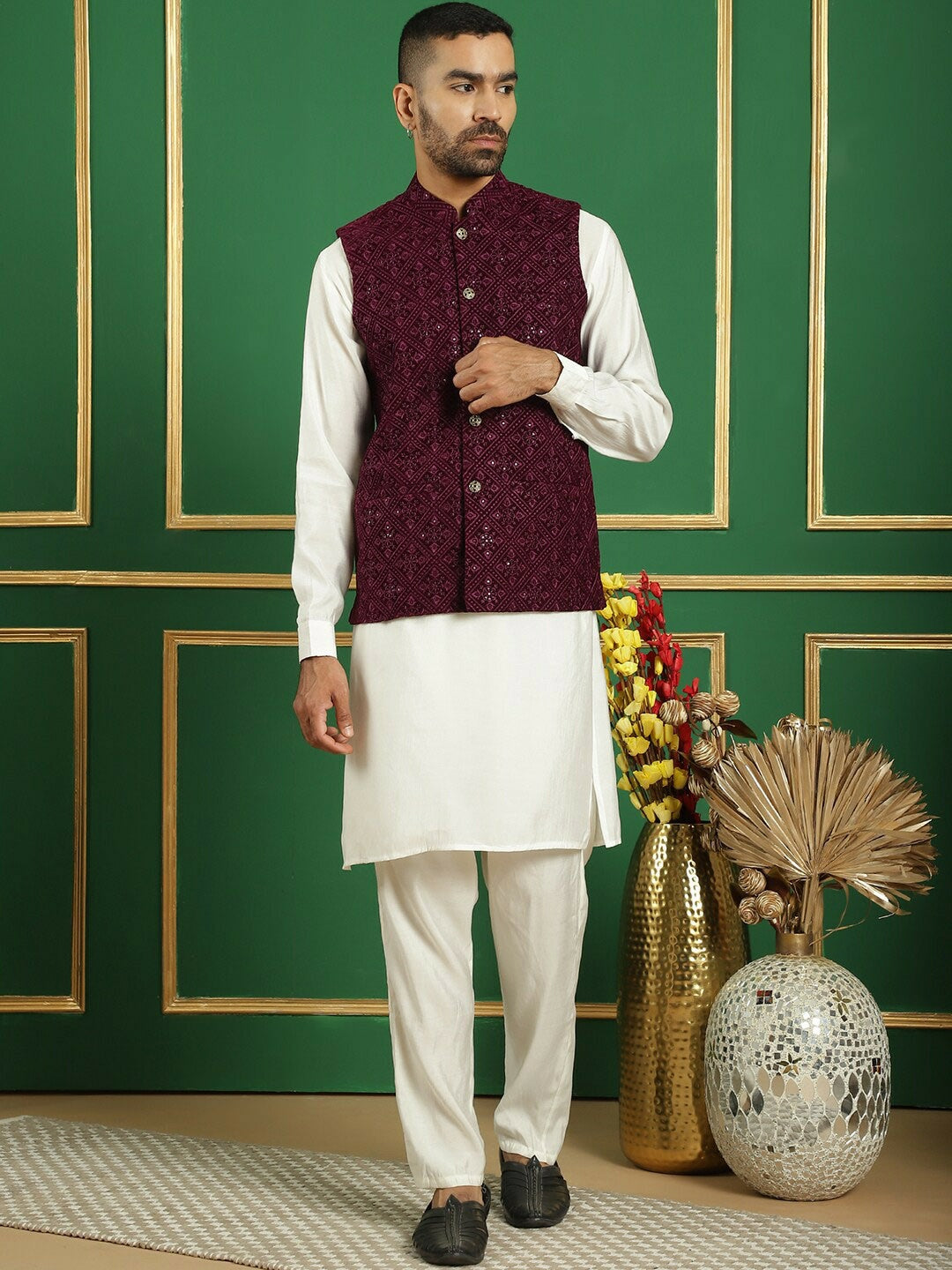 Men’s Burgundy Sequin Embroidered Nehru Jacket – Velvet Festive Vest