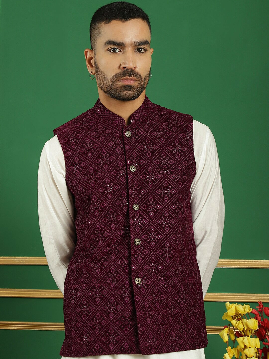 Men’s Burgundy Sequin Embroidered Nehru Jacket – Velvet Festive Vest