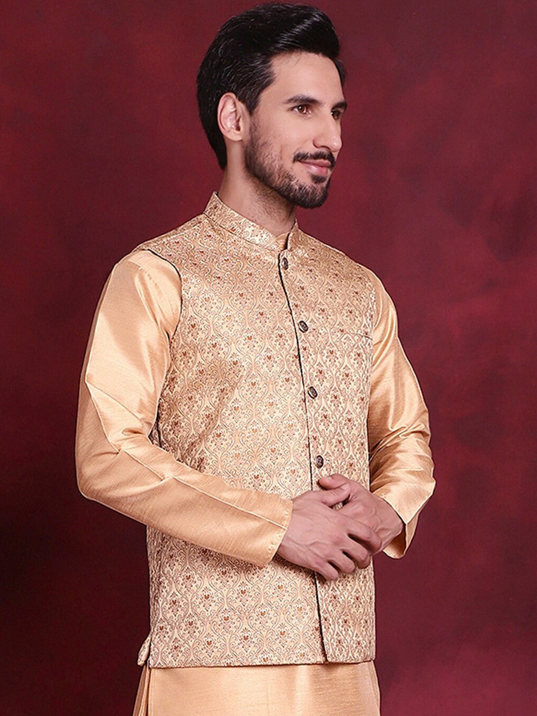 Men’s Cream & Gold Nehru Jacket – Silk Blend Ethnic Sleeveless Vest